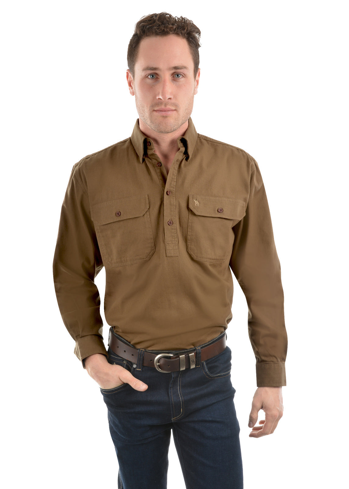 Six Forty Five Outfitters Shirt - Half Placket Mens LS Shirt - heavy drill - Bark
