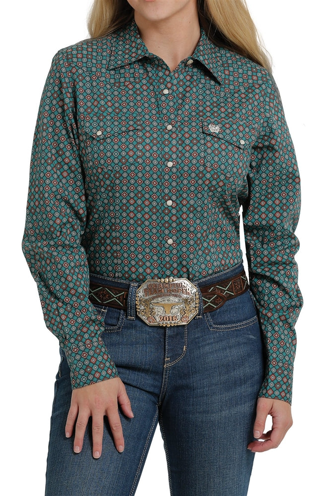 Ladies Snap button Long Sleeve shirt - Teal