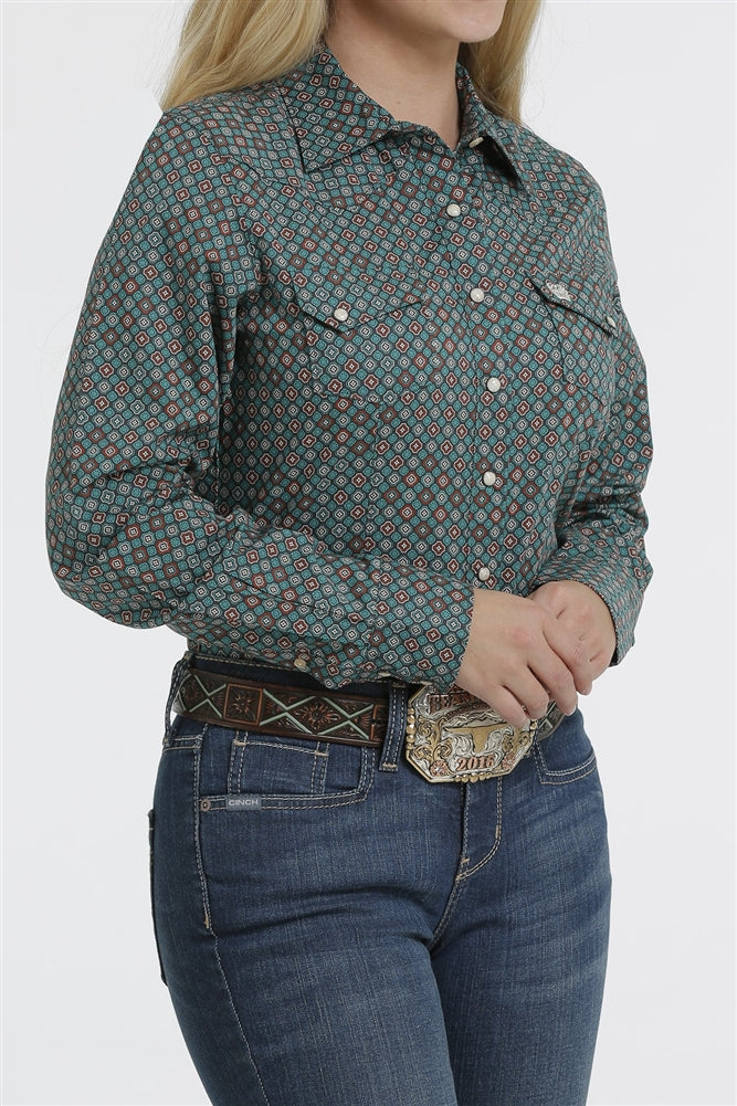 Ladies Snap button Long Sleeve shirt - Teal