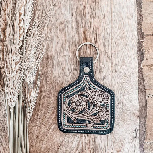 Black + Turquoise Cattle Tag Keyring