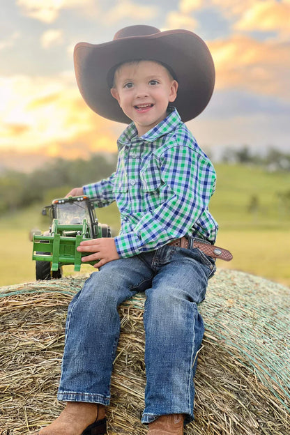 Boys half button - blue & green gingham