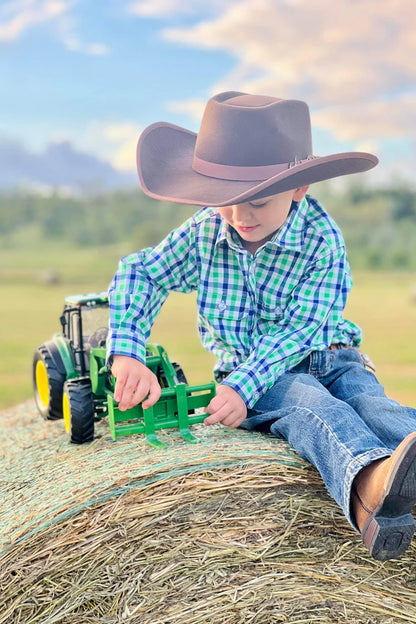 Boys half button - blue & green gingham