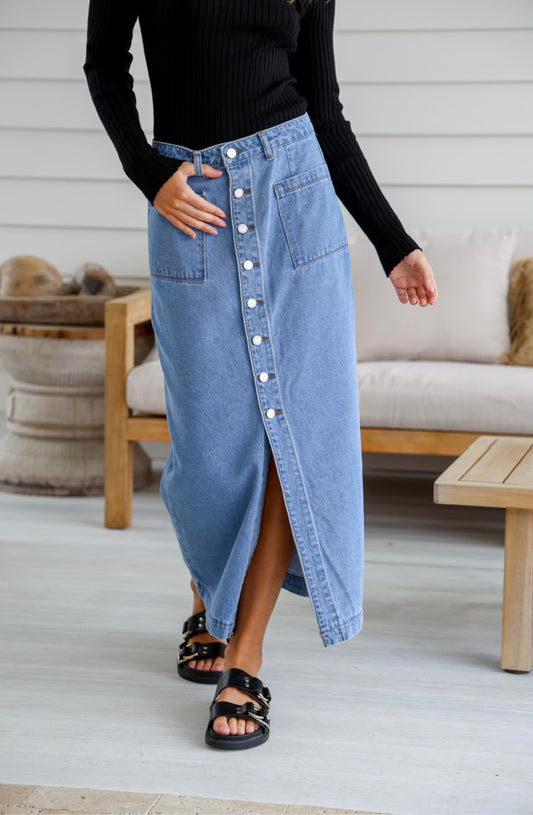 Button front maxi skirt - denim blue - ladies