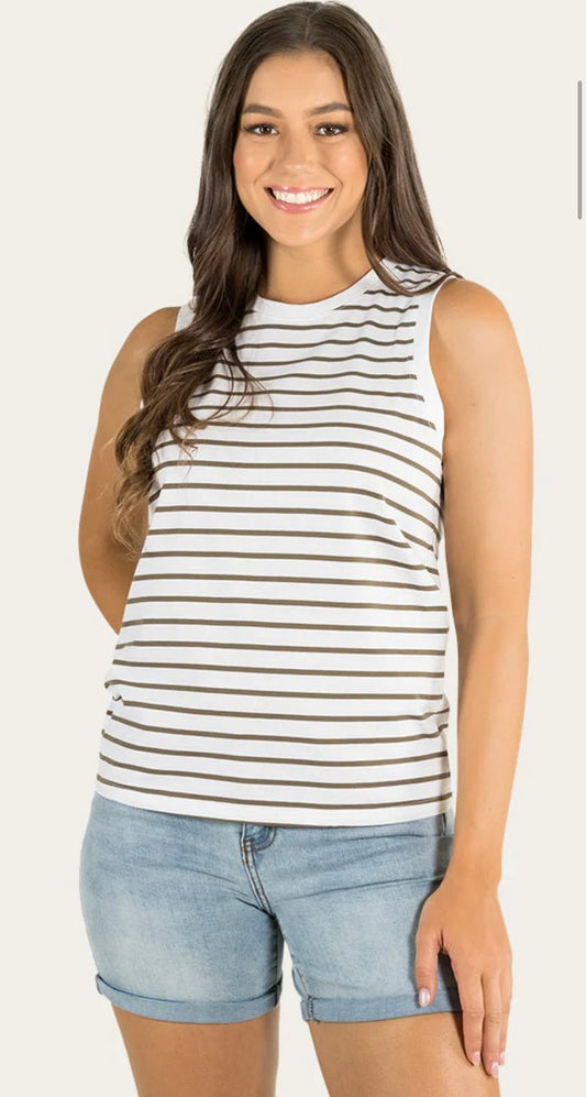 Dale ladies High Neck Tank - White & Khaki Stripe