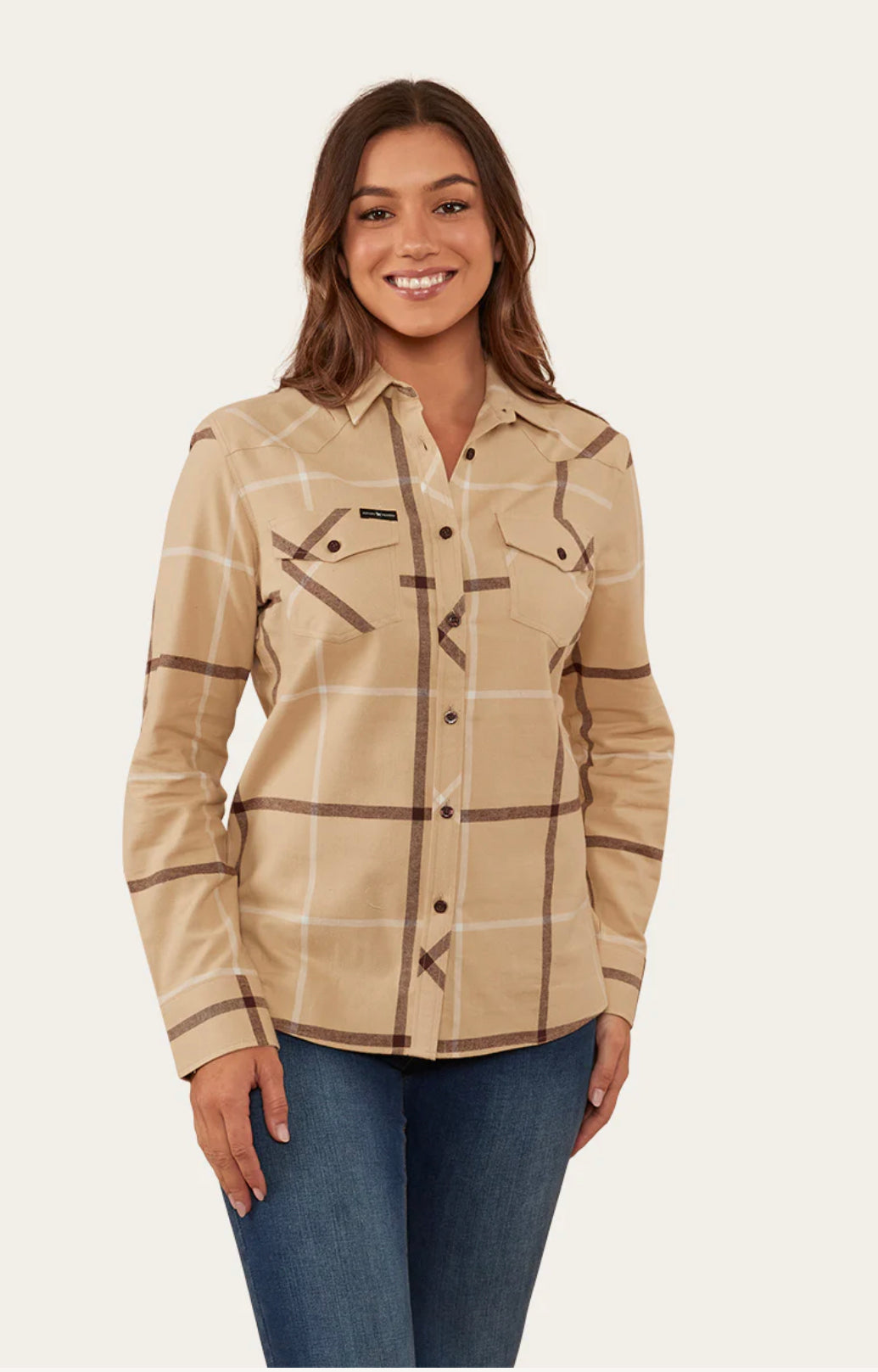 Junee ladies Flanno Semi Fitted - Dark Sand / Chocolate