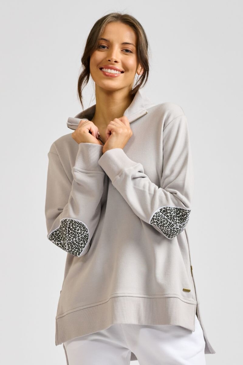 Ladies Collar Sweatshirt - French grey/Leopard