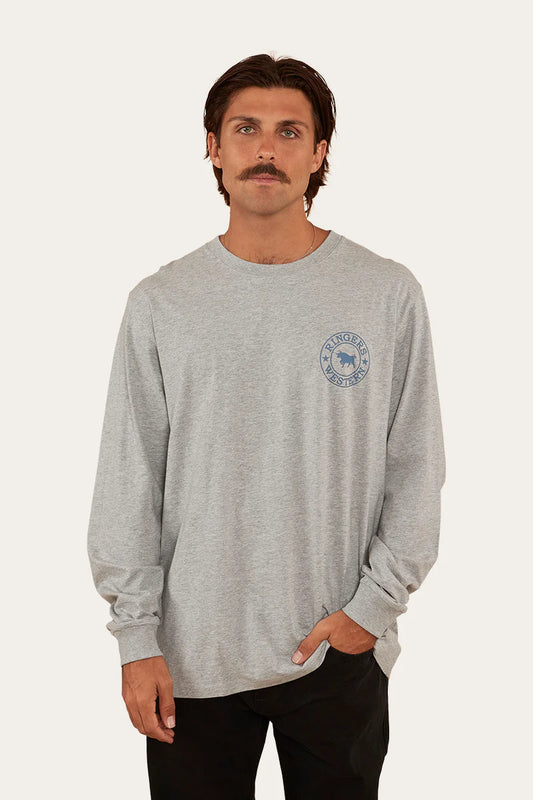 Signature Bull Mens Loose Fit Long sleeve T-Shirt - Grey Marle/Yale Blue